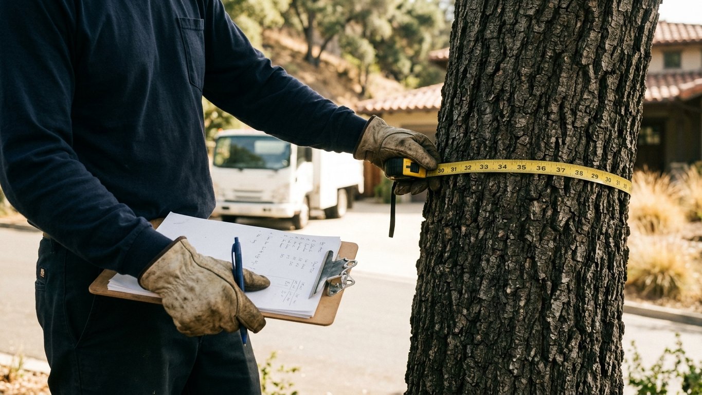 Arborist measuring a tree trunk with a tape while preparing a written quote