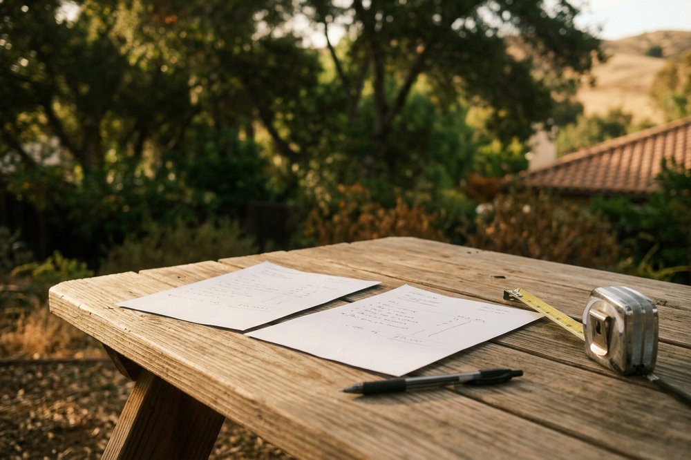 Two written tree-work estimates being compared side by side on an outdoor table