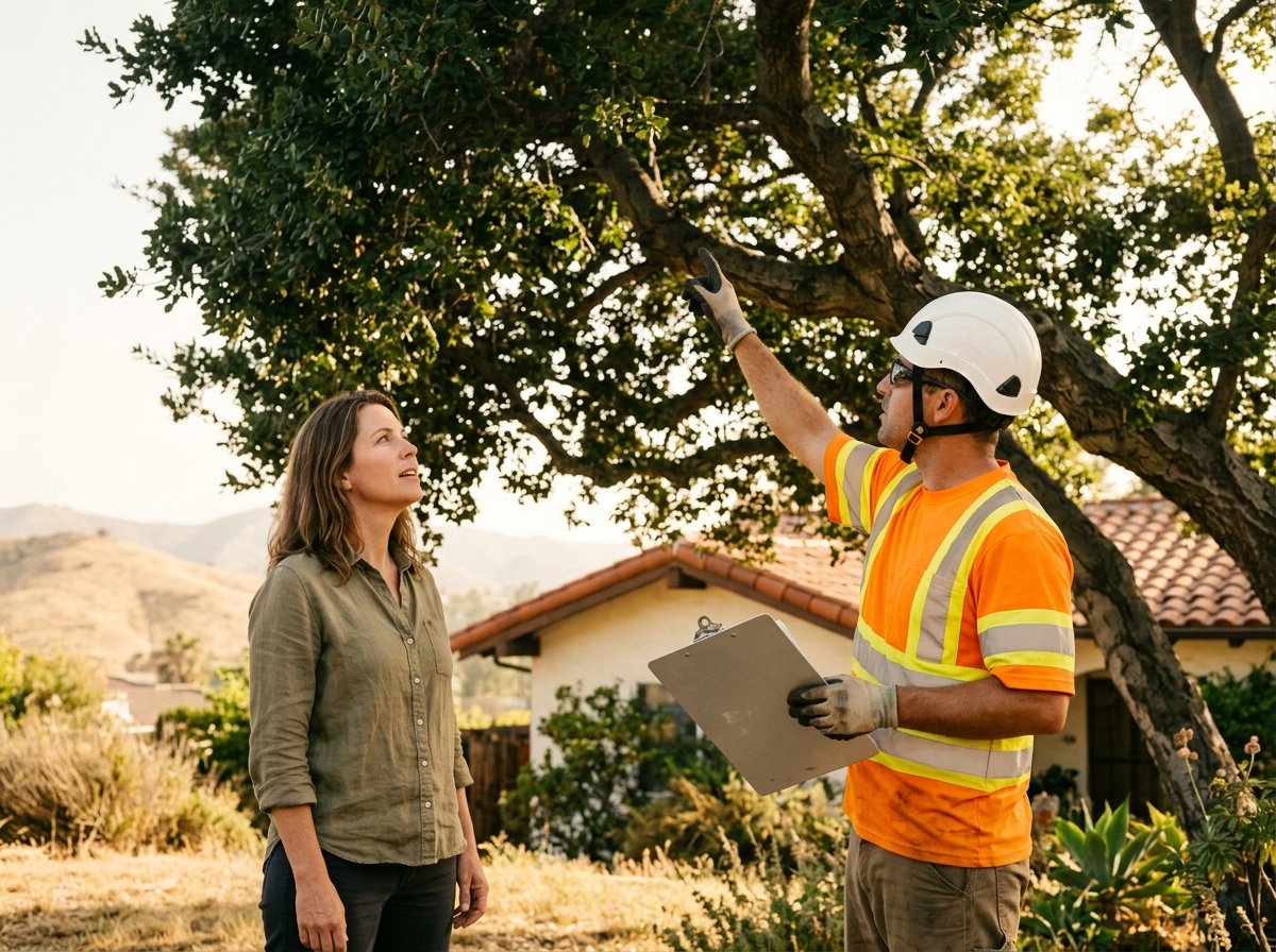 Homeowner and arborist looking up at a mature oak in a Los Angeles front yard while reviewing options